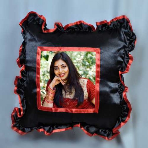 Big Black Square Cushion With Personalized Photo and Red Lace Border